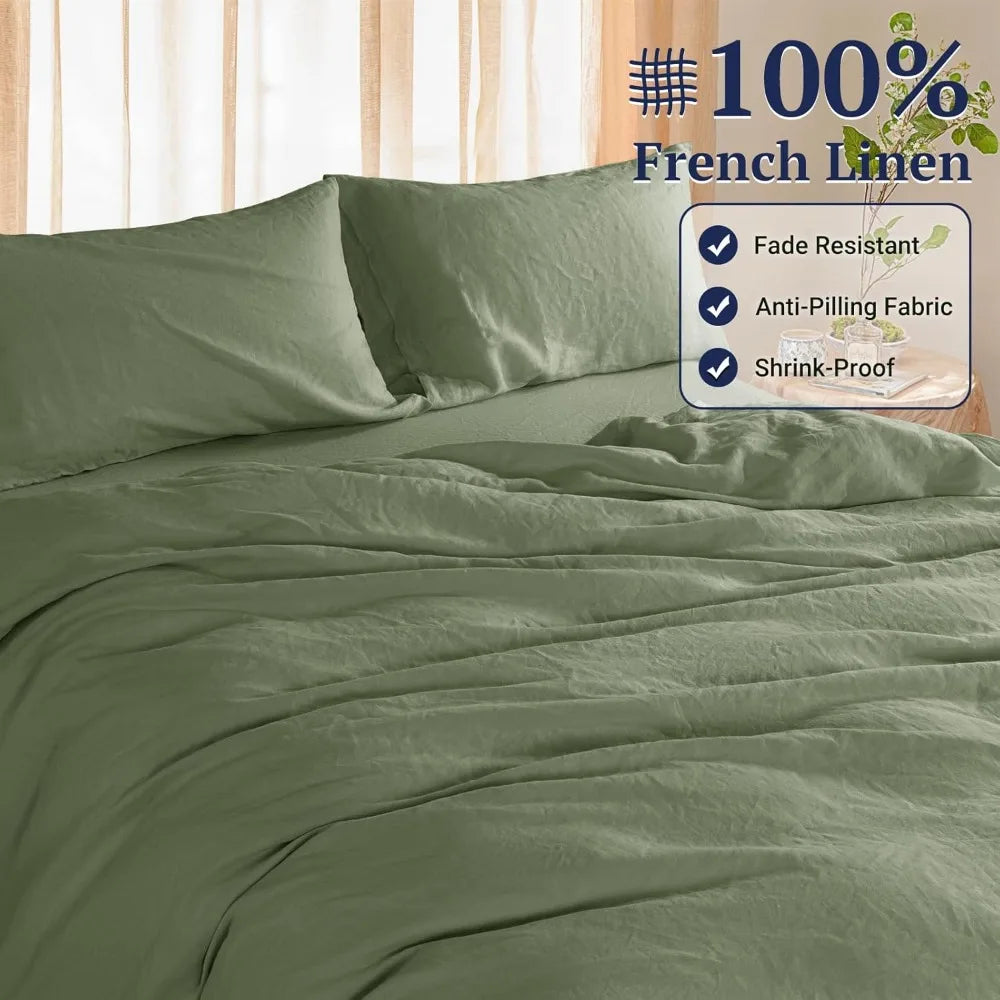 Luxury Queen Size Linen Duvet Cover Set, Pure Natural Flax Linen with Zipper and Corner Ties