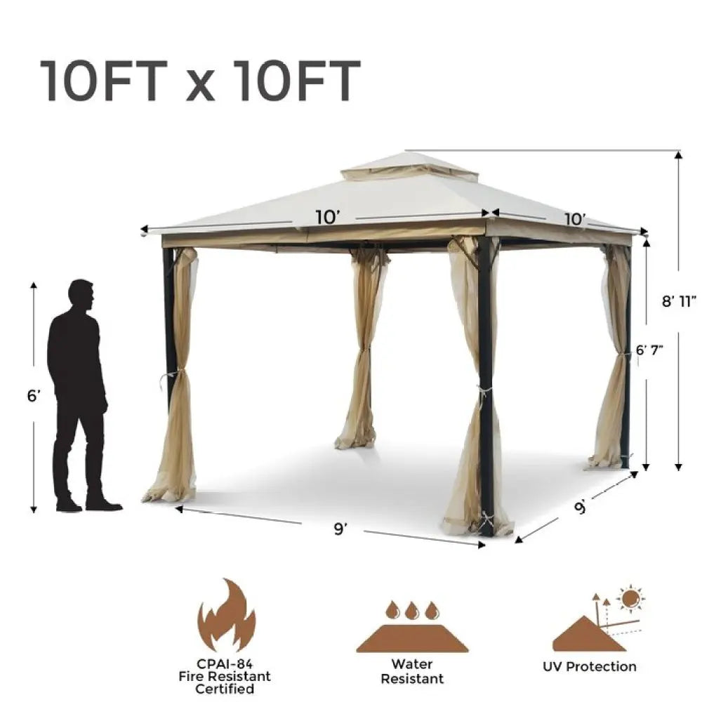 10X10FT Softtop Metal Gazebo with Mosquito Net,Sturdy Heavy Duty Double Roof Canopy,Galvanized Steel Design Outdoor Tent
