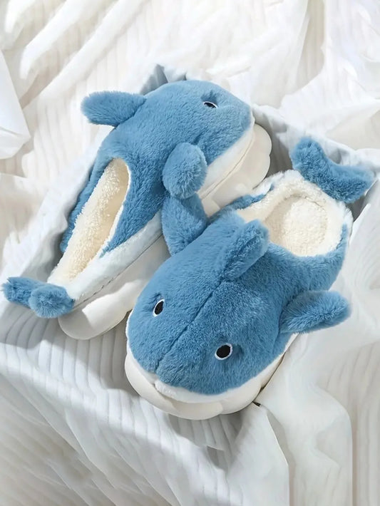 Soft Plush Sharky Slides For Wome&Men,Whale Shark Fuzzy Slippers With Anti-Skid Winter Cute Couple House Slippers Christmas Gift
