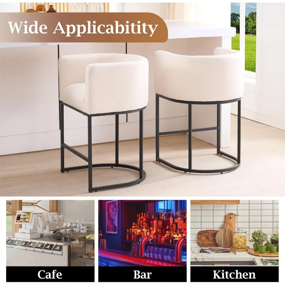 26" H Counter Height Bar Stools Modern Barrel Counter Stools with Backrest and Arms, Black Metal Frames,Fabric