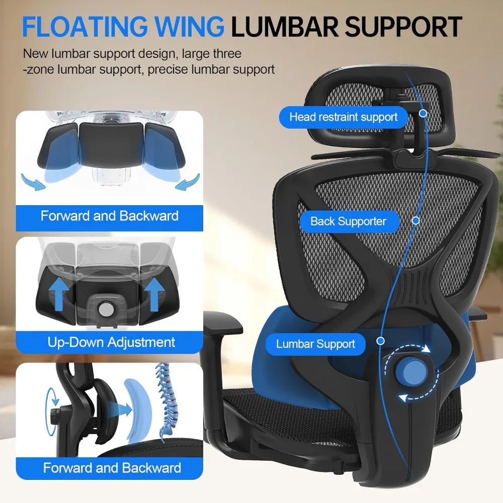 ergonomic mesh office chair, home desk chair comfy with adjustable lumbar support 3d headrest and armrests, reclining big and ta