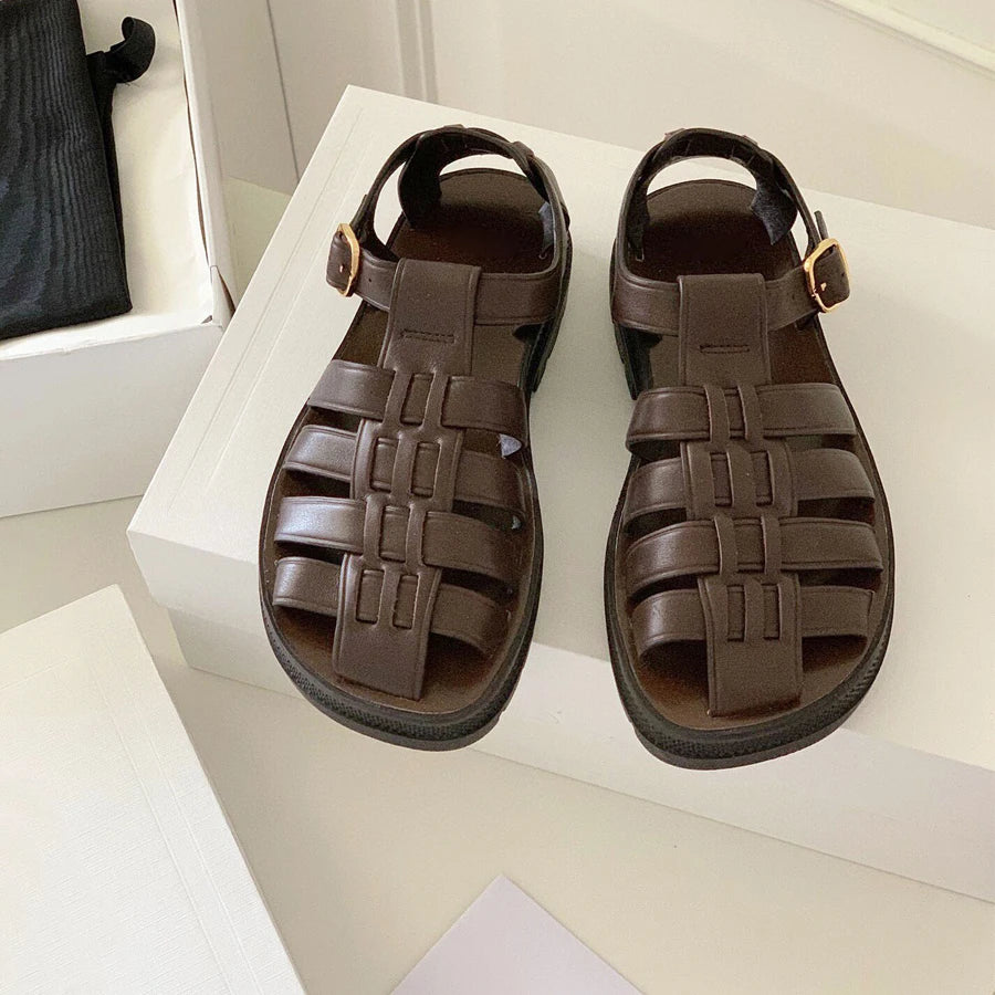 23SS Top Quality Brown Casual Gladiator Platform Heel Sandals Dress Shoes Real Leather Ankle Strap Buckle Luxury Designer Flat