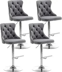 Velvet Bar Stools Set of 4, Counter Height Bar Stools with Button & Nailheads Trim, Gold Swivel Bar Stools for Kitchen Island, B