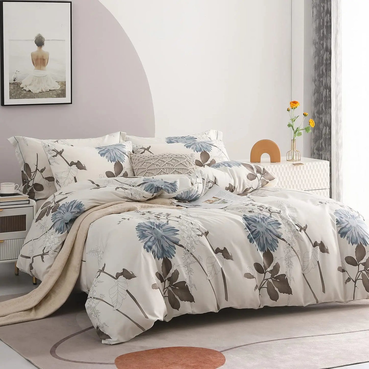 SLEEPBELLA Comforter 600 Thread Count Cotton Brown Branches and Blue Flowers Off-White Comforter Down Alternative Bedding Sets