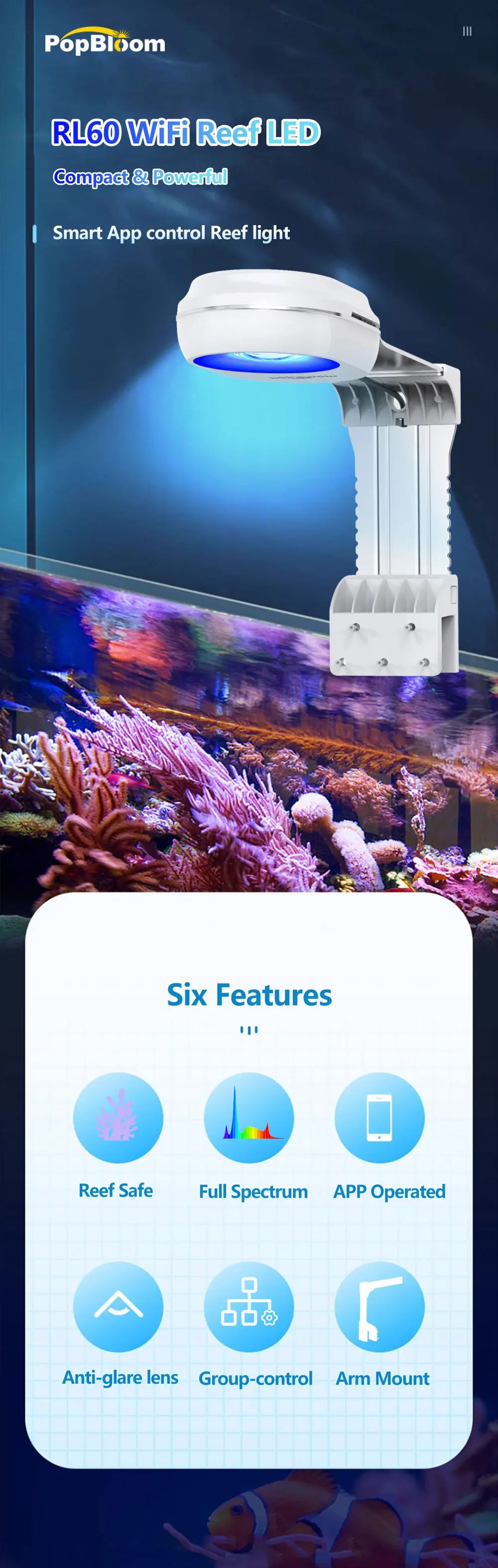 PopBloom RL60 WiFi Aquarium Reef Light 60W, Full Spectrum Marine Aquarium LED Light For Coral SPS/LPS Nano Tank, Include Mount