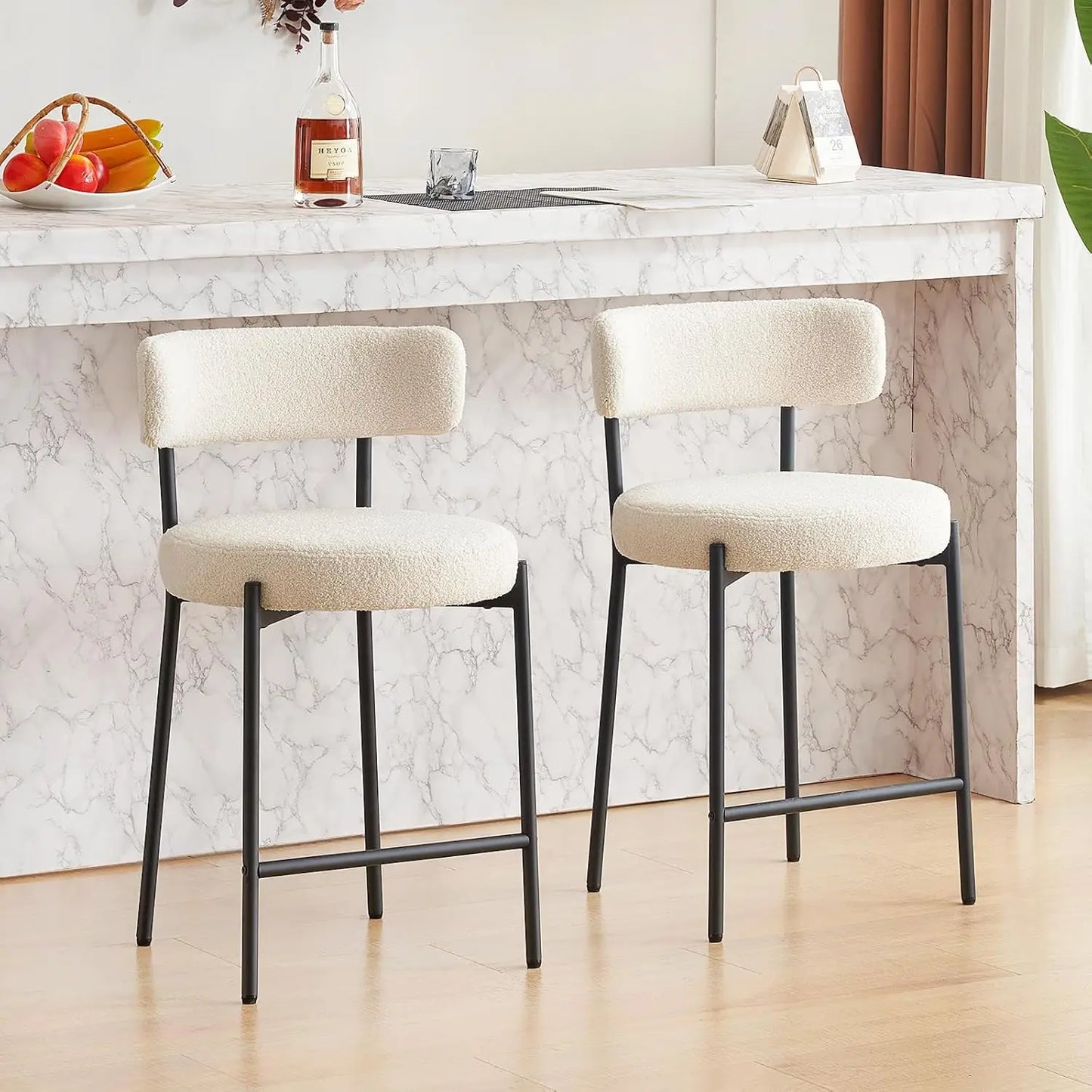 24'' Bar Stools Set of 2, Modern Boucle Counter Height Bar Stools with Curved Back and Black Metal Frame,
