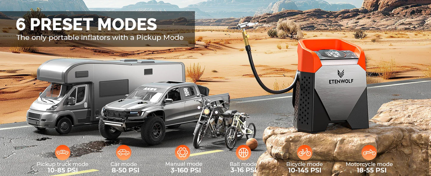 ETENWOLF ZEPHYR S5 Portable Tire Inflator Heavy-Duty Car compressor 160PSI &15600mAh for Pickups Car Tires Motorcycles Bicycles