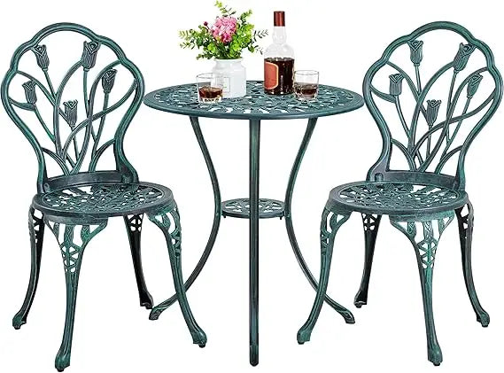 Yaheetech Patio Bistro Sets 3 Piece Cast Aluminum Bistro Table and Chairs Set, Cast Aluminum Bistro Table and Chairs Set of 2 wi