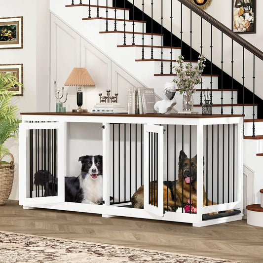 70.9" Large Double Dog Crate Furniture, Wooden Dog Kennel House with Divider & 2 Trays, for Large or 2 Medium Breeds Indoor