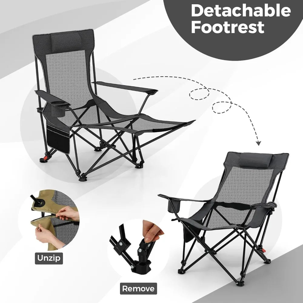 Camping Lounge Chair w/Detachable Footrest, Folding Beach Chair w/4-position Backrest, Carrying Bag, Removable Pillow,Cup Holder