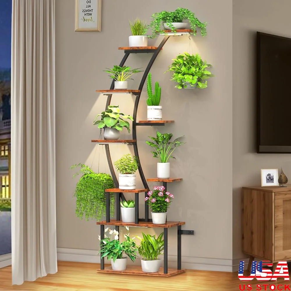 Indoor Plant Stand with Grow Lights 9 Tier Metal Shelf Flower Pots and Home Decor Display