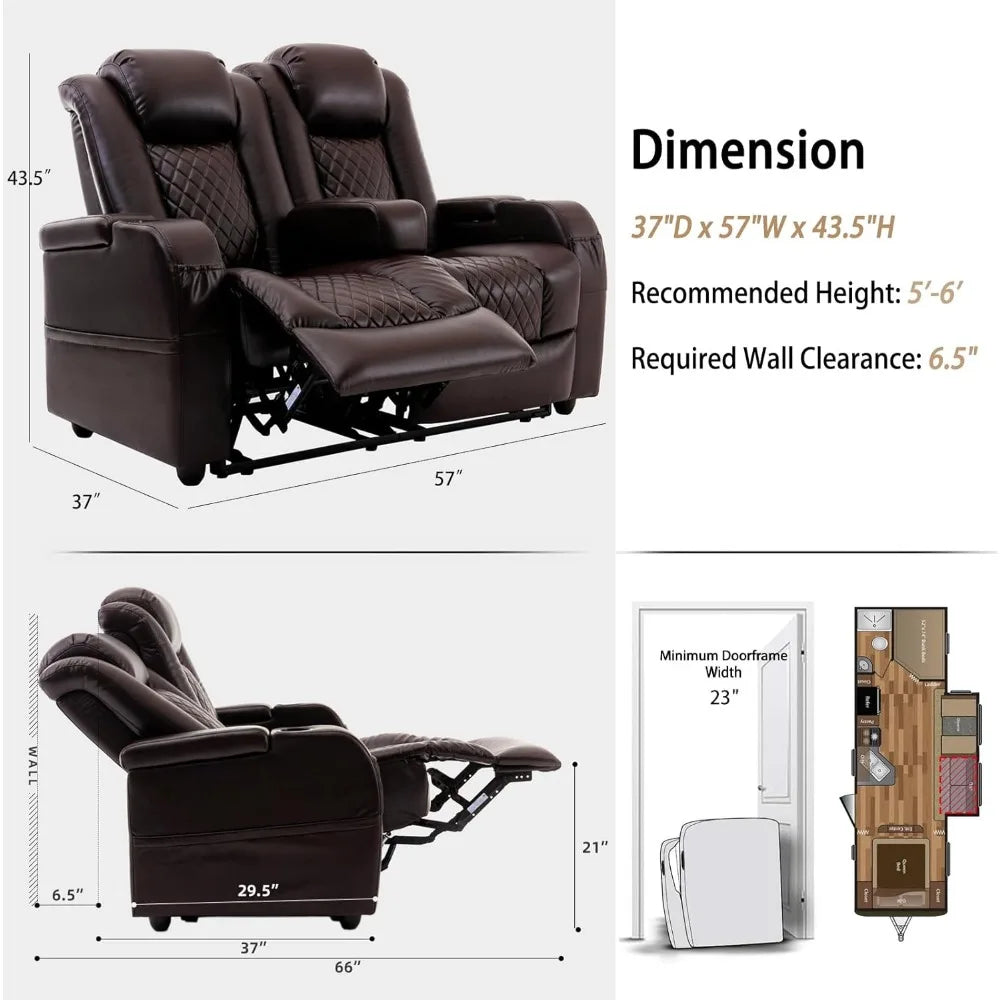 RV Loveseat Recliner Sofa, Home Theater Seating with 3 Arms and 2 Pillows, Wall Hugger Recliners & 135° Reclining Couch