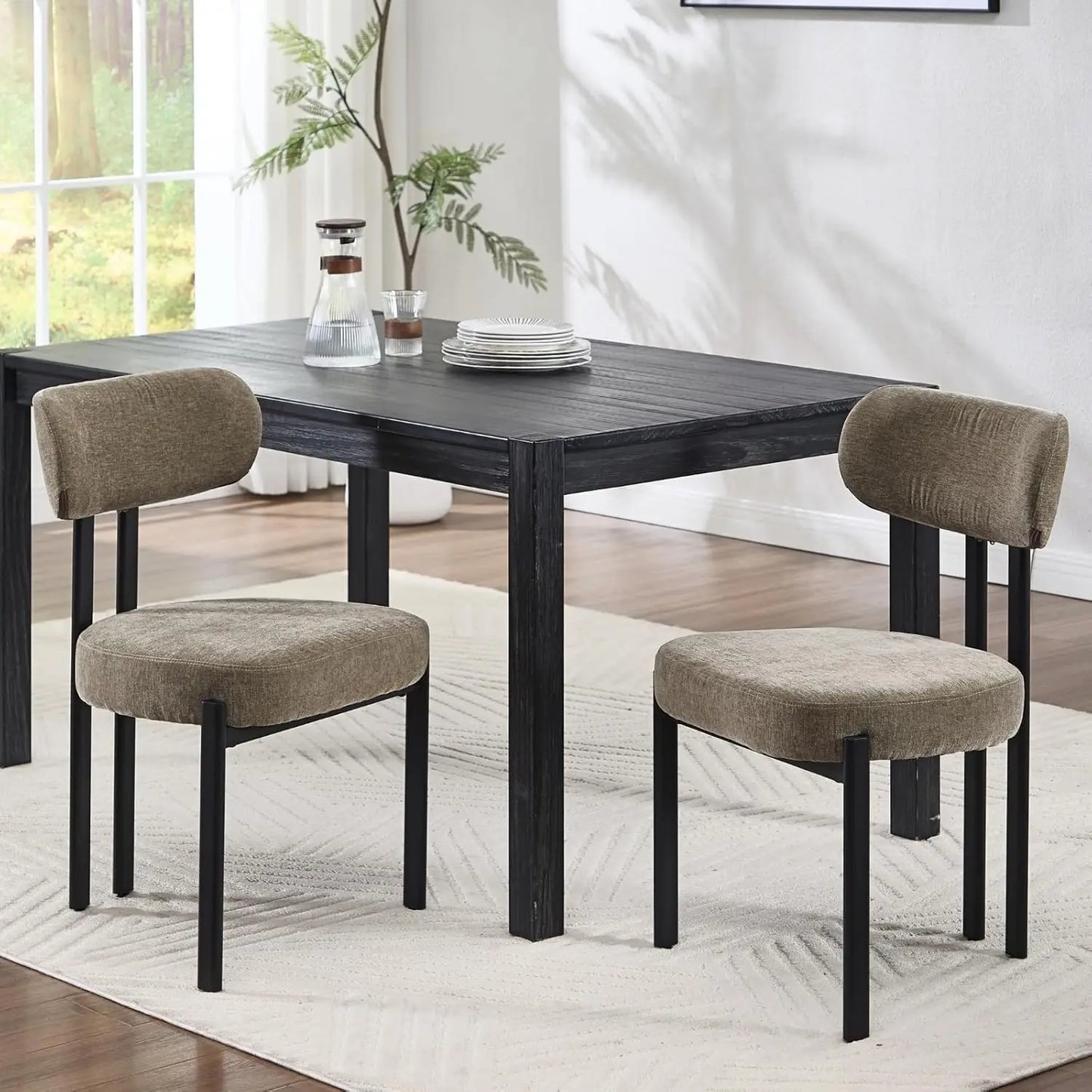 Khaki Dining Chairs Set of 2, Chenille Upholstered Kitchen Chairs with Open Back, Modern Armless Side Chairs with Metal Legs