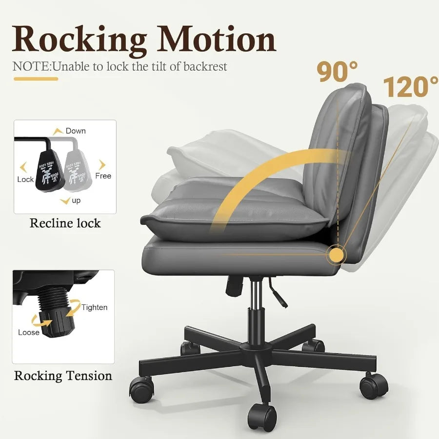 Armless 25.5 Wide Criss Cross Chair with Wheels Leather Cross Legged Office Chair with 2Layer Cushion Swivel Modern Home Office