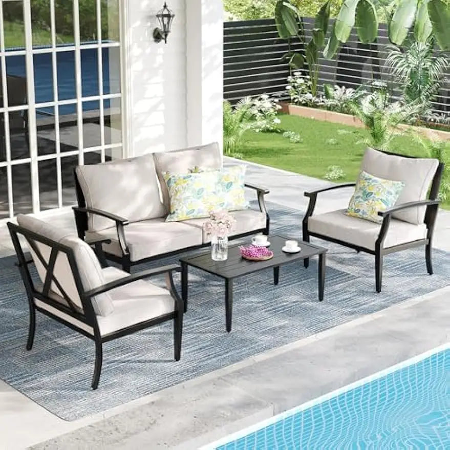 4-Piece Patio Furniture Set, Wider Outdoor Metal Seating Sofa with High Back & Loveseat, Coffee Table, All Weather Metal Convers