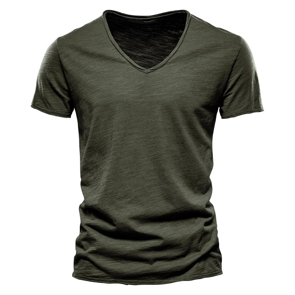 Brand Quality 100% Cotton Men T-shirt V-neck Fashion Design Slim Fit Soild T-shirts Male Tops Tees Short Sleeve T Shirt For Men