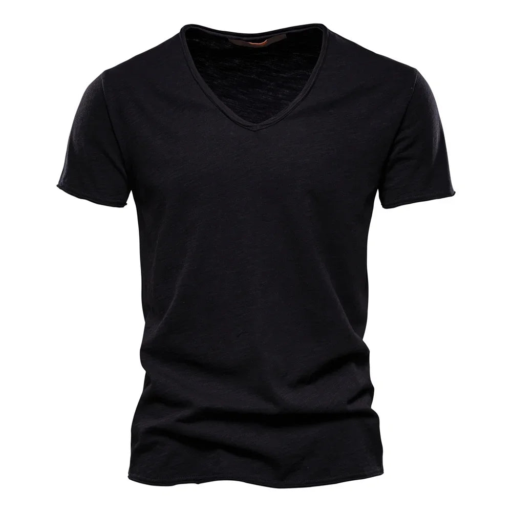 Brand Quality 100% Cotton Men T-shirt V-neck Fashion Design Slim Fit Soild T-shirts Male Tops Tees Short Sleeve T Shirt For Men