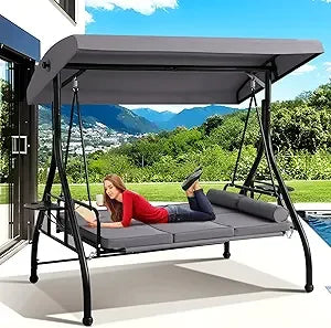 3-Seat Outdoor Porch Swing with Adjustable Canopy, 3 Person Convertible Porch Swing Bed with Stand, Heavy Duty Patio Swing with