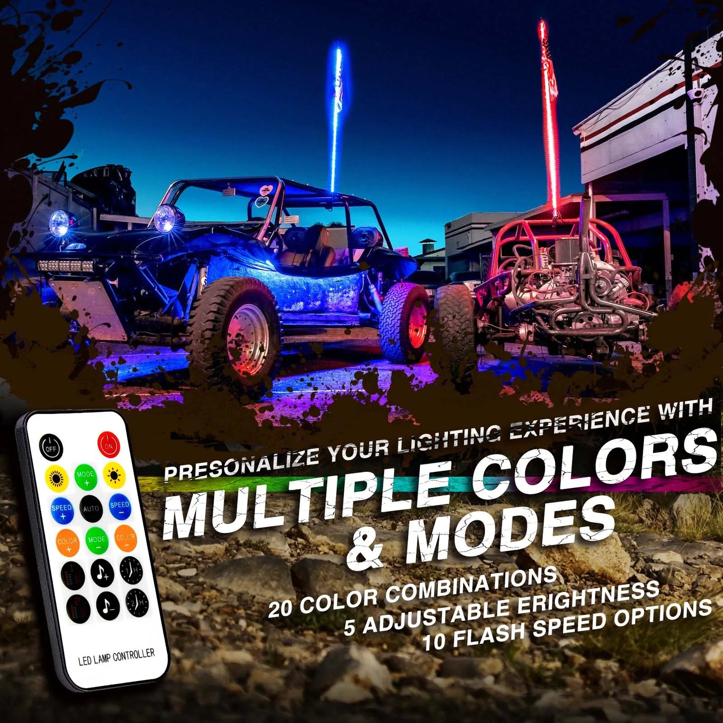 2PCS 4FT 5050RGB Bluetooth And Remote Control Colorful Spiral LED Whip Lights Lighted Antenna Whips for ATV Polaris RZR