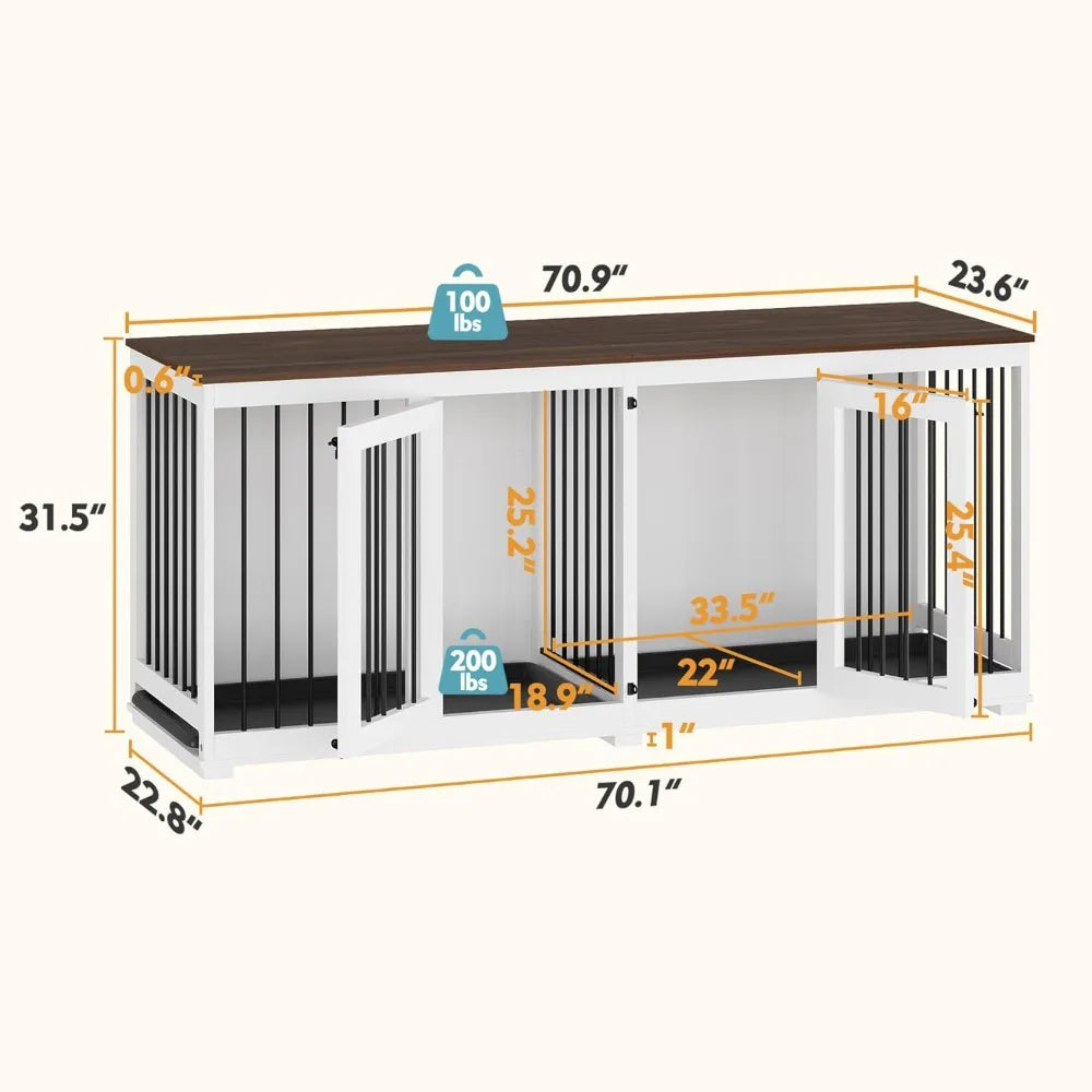 70.9" Large Double Dog Crate Furniture, Wooden Dog Kennel House with Divider & 2 Trays, for Large or 2 Medium Breeds Indoor