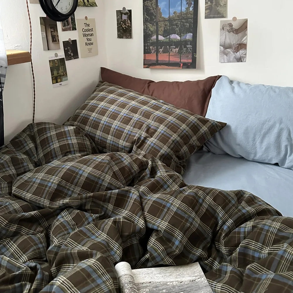 Queen Size Blue, Brown & Green Buffalo Plaid Duvet Cover Set - 3 Piece Vintage Aesthetic Bedding Set, 100% Washed Cotton, M