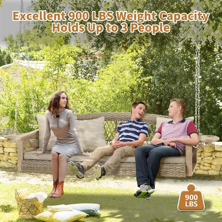 3Person Wicker Porch Swing with Upgraded Cup Holder 55 Inch Patio Hanging Swing Bench Chair with Cushions 900lbs Capacity Chain