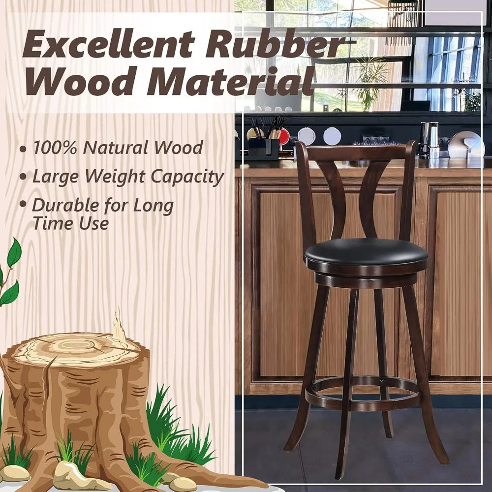 Set of 2 Swivel Bar Stools with Leather Seats, Single Slat Back, Solid Rubber Wood Legs