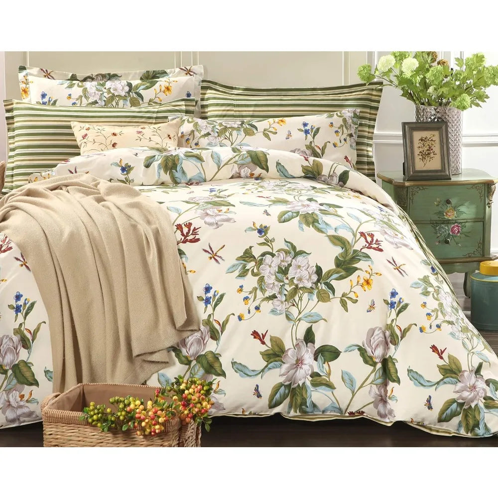 Cotton Striped Floral Duvet Cover Set in Green and Beige with Shabby Chic Flower Branches for Summer Reversible Bedding 600 Thre