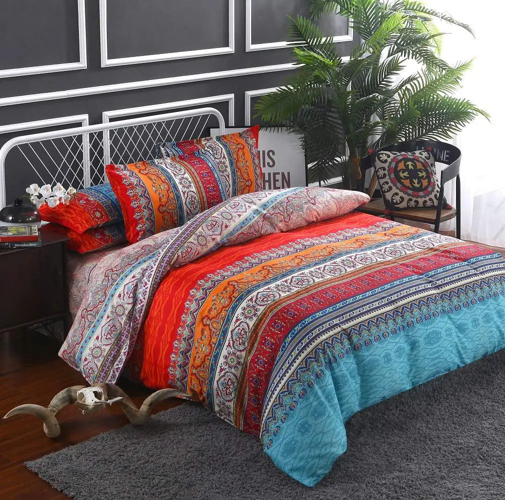 Ideal Life Boho Duvet Cover Set, Boho Vintage Bedding Set, 3 Piece Navy White Orange Aztec Print, Zipper Closure