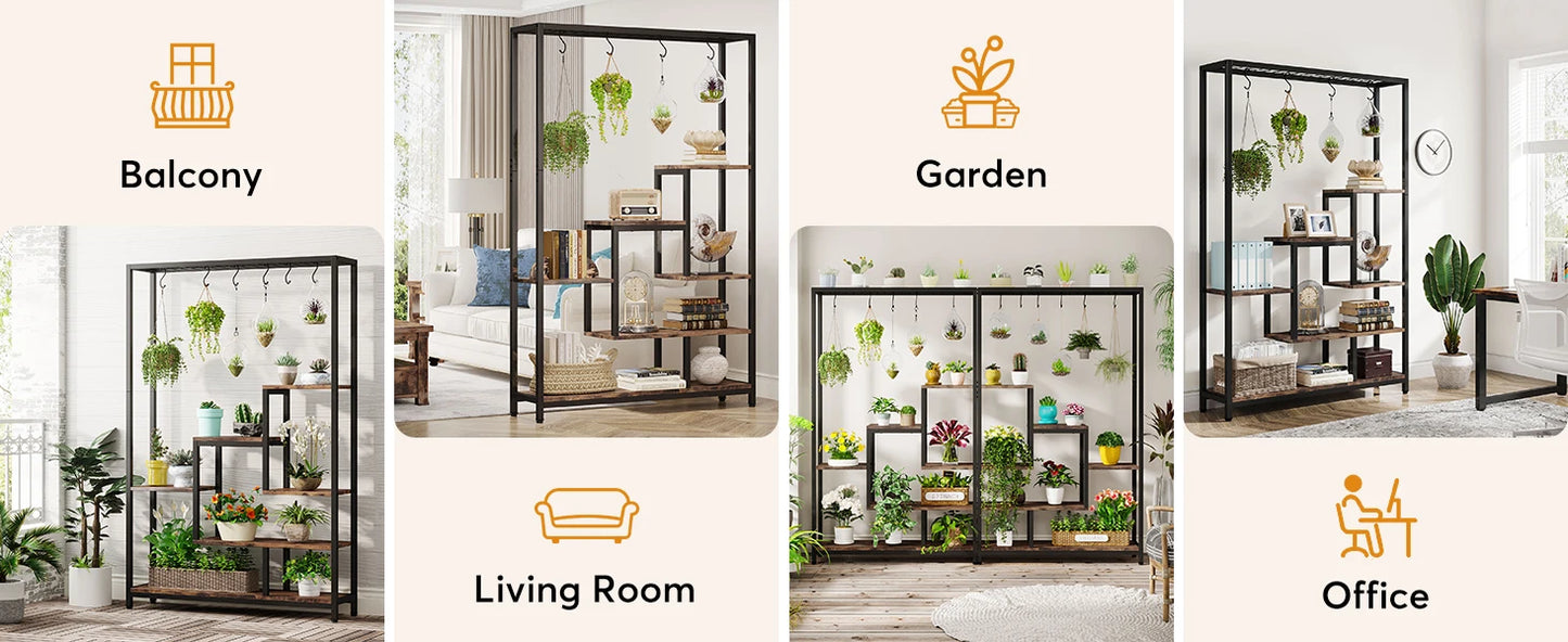 5-Tier Tall Indoor Plant Stand, 70.9 inches Large Metal Plant Shelf with 6PC S Hanging Hooks for Indoor, Garden