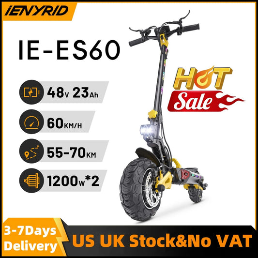 IENYRID ES60 Electric Scooter, 2*1200W Dual Motor, 48V 23Ah Battery, 11-inch Tire, 60km/h Max Speed, 70km Range, Hydraulic Brake