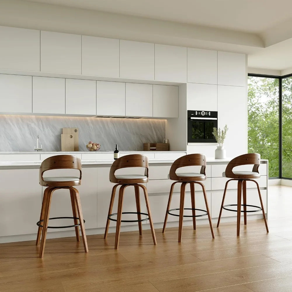 Swivel Counter Height Stools Bar Chairs Faux Leather Bar Stool with Backrest & Solid Wood Legs & Wrap-Around Footrest, Counter