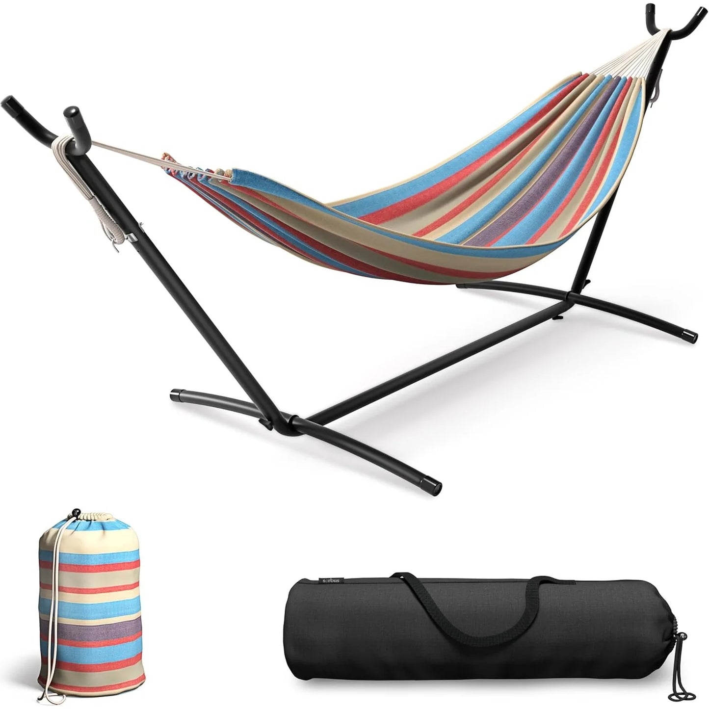 Premium 2-Person Hammock Set - 60" Cotton Blend w/Steel Stand & Carry Bag, 450LB Capacity