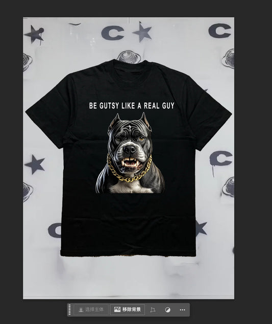 200g Cotton Men's Crew - neck Short - sleeve T - shirt with "Be Gutsy Like a Real Guy" Pitbull Print
