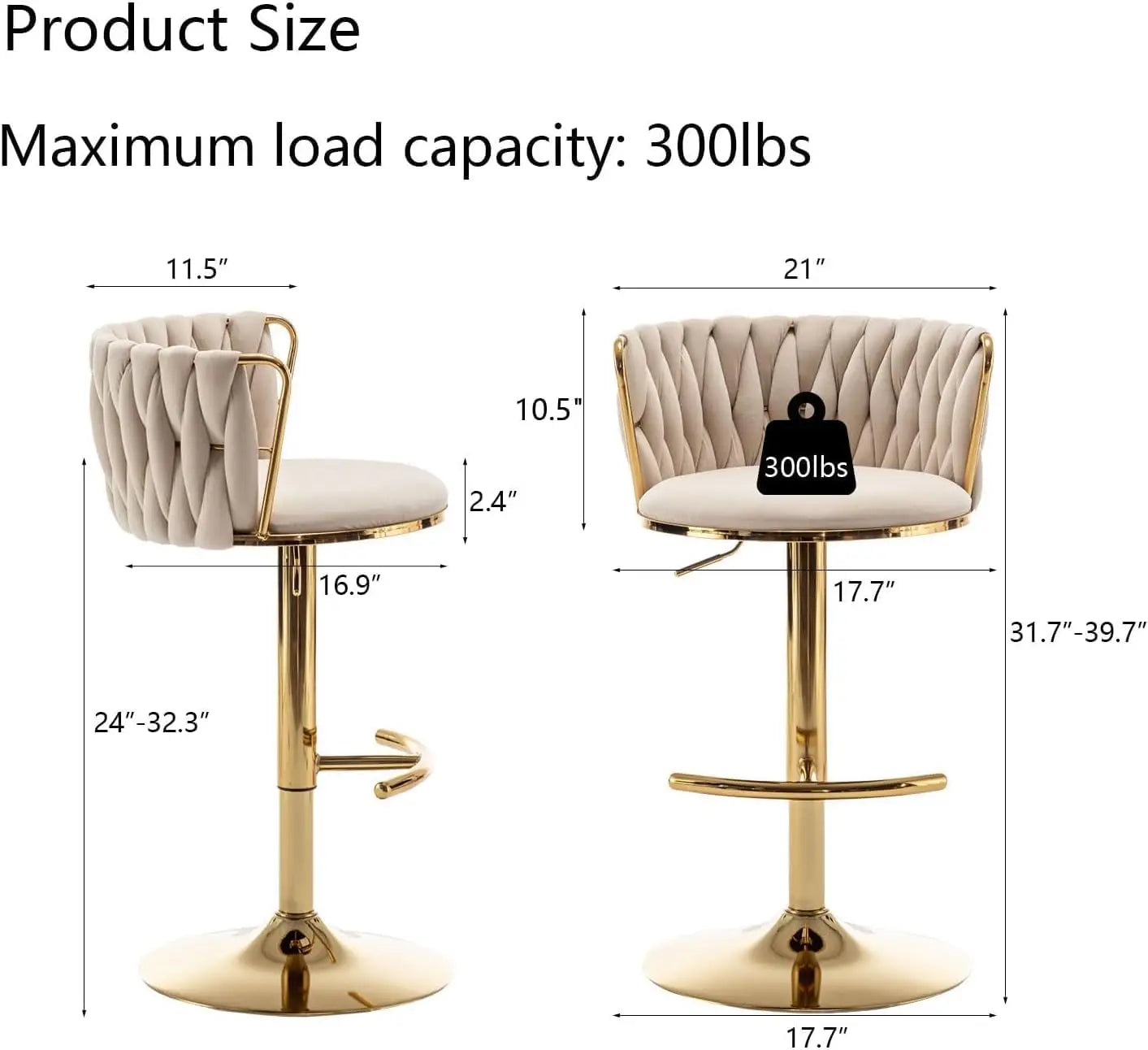 Gold Velvet Bar Stools Set of 3, Swivel Counter Height Bar Stools with Back, Adjustable Woven Barstools for Kitchen Island,