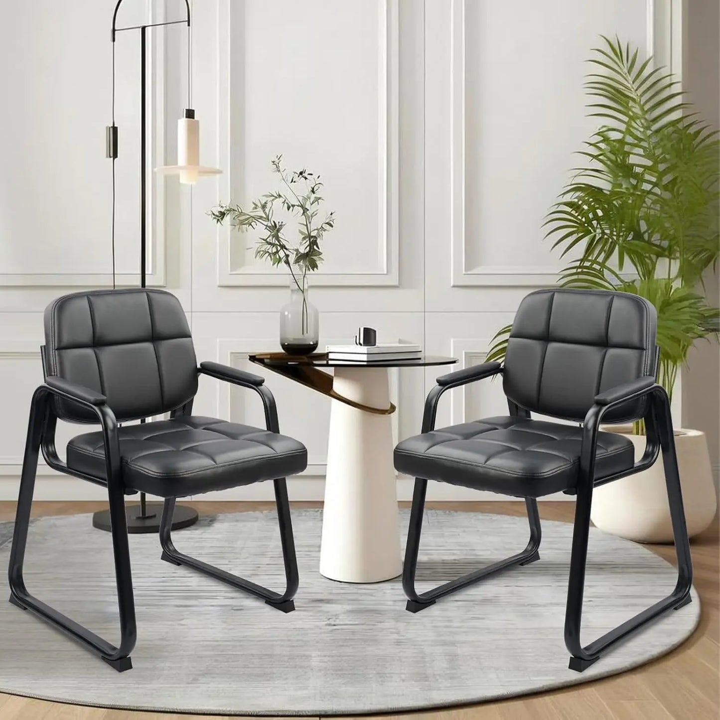 Waiting Room Chairs with Padded Arms Leather Guest Chair no Wheels for Office Reception and Conference Desk Black