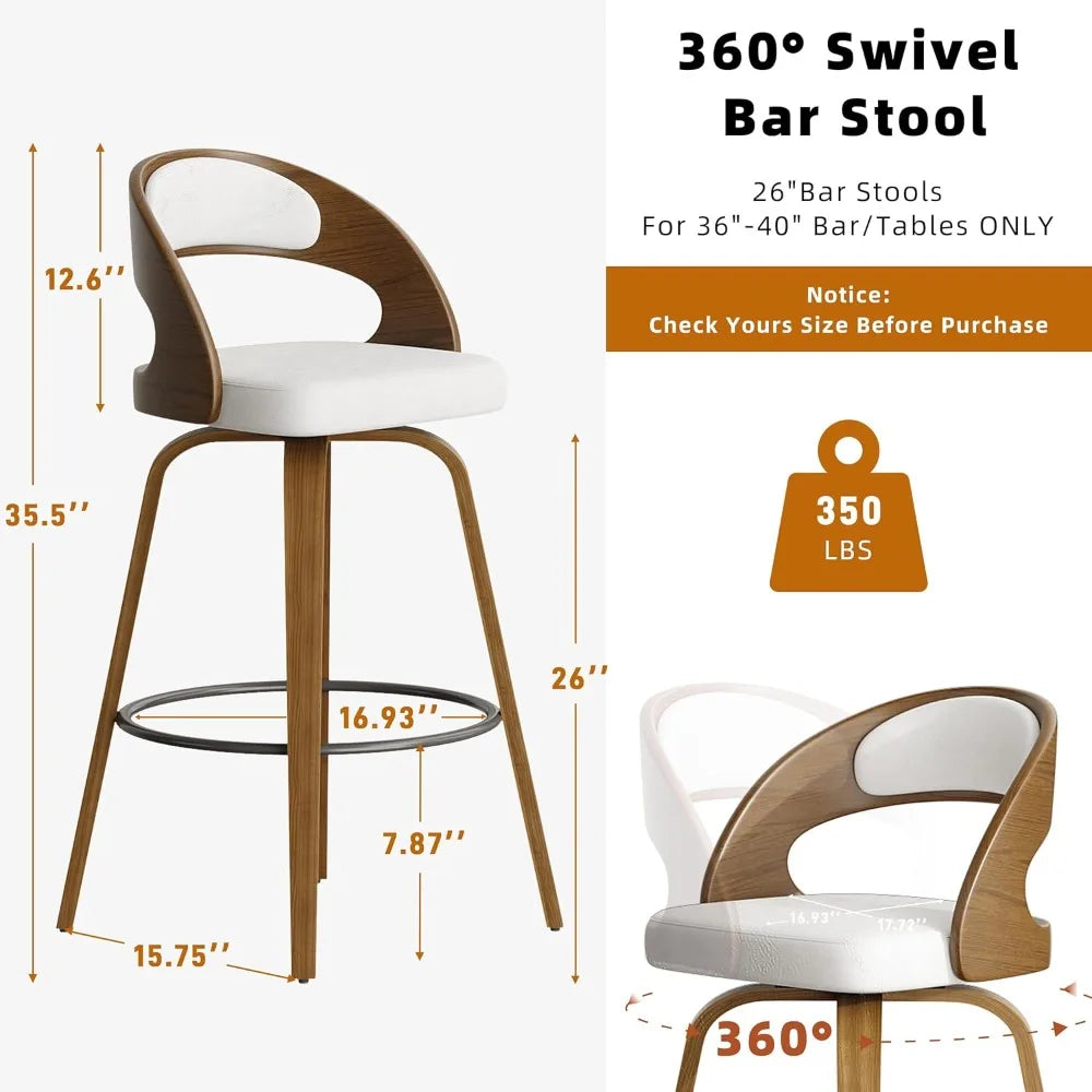 Swivel Counter Height Stools Bar Chairs Faux Leather Bar Stool with Backrest & Solid Wood Legs & Wrap-Around Footrest, Counter