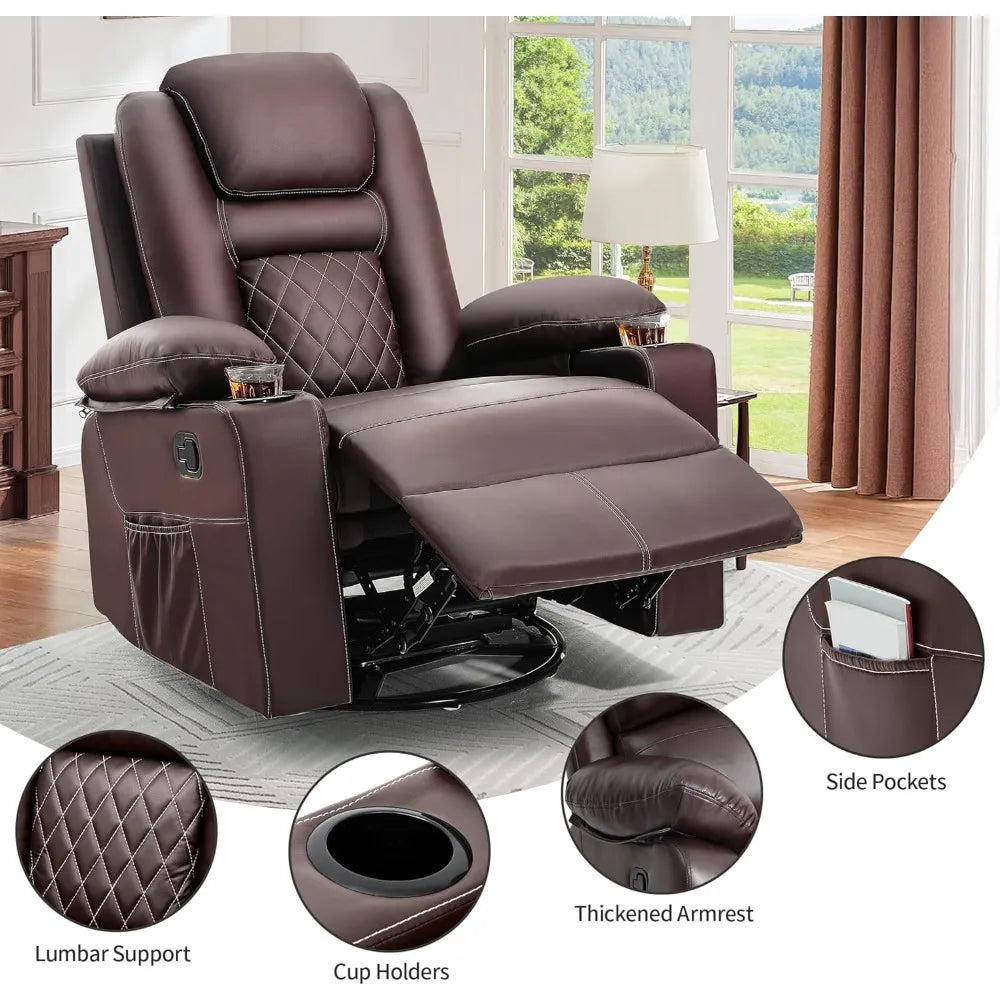 Swivel Rocker Recliner Chair with Massage & Heat, 360° Rotation Rocking Recliner, Faux Leather Manual Recliner with Cup