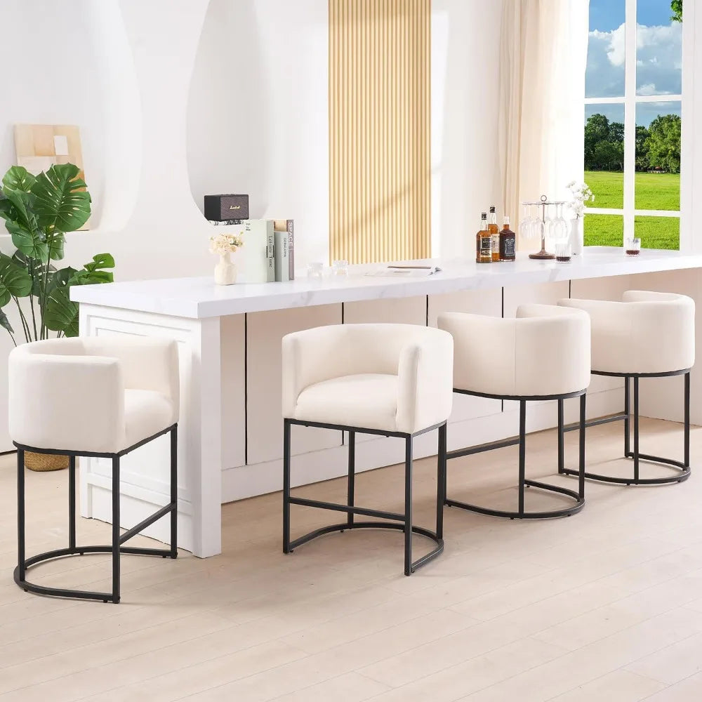 26" H Counter Height Bar Stools Modern Barrel Counter Stools with Backrest and Arms, Black Metal Frames,Fabric