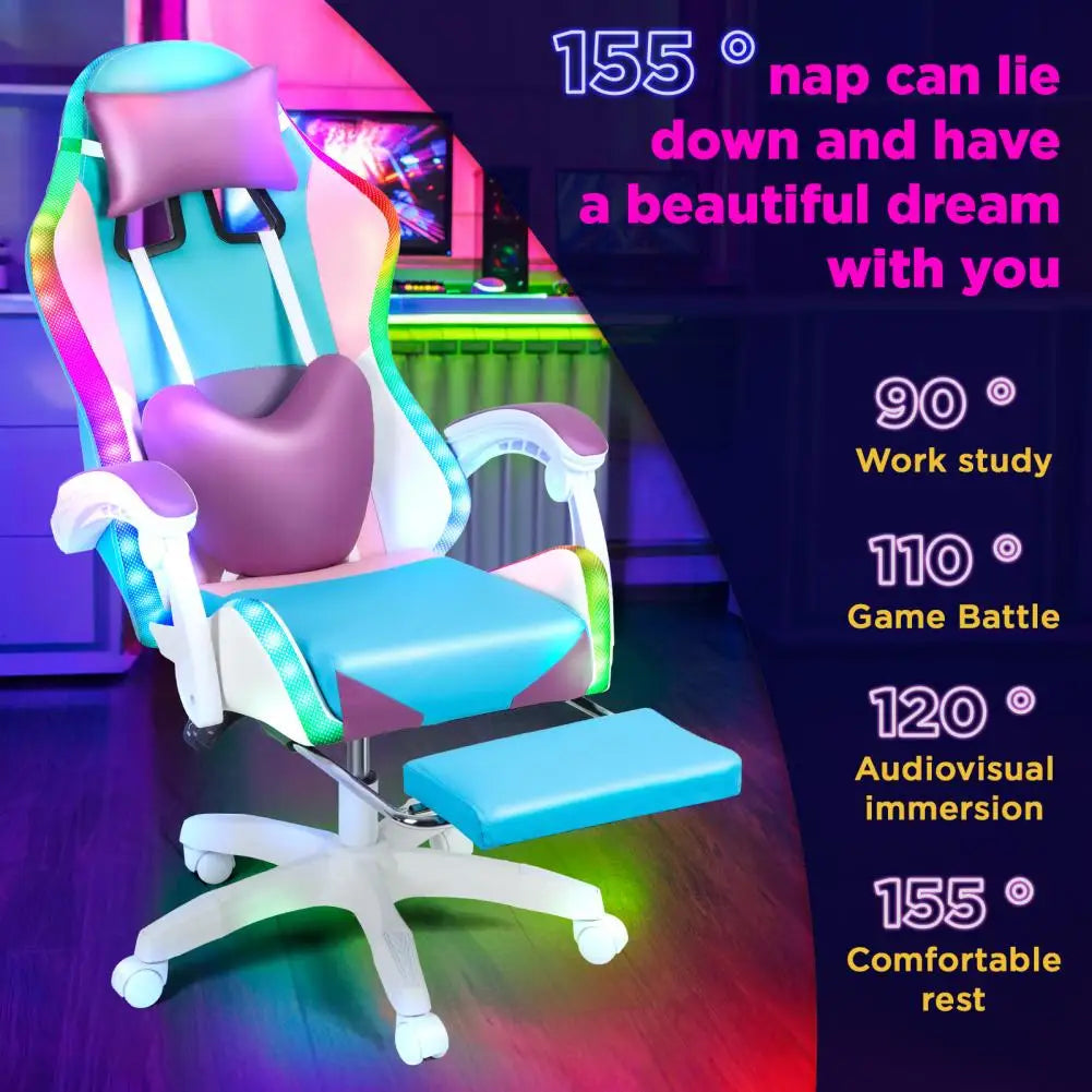 Gaming Chair with RGB LED Lights, Ergonomic Computer Chair with Massage and Footrest, Reclining Video Game Chair for Adult