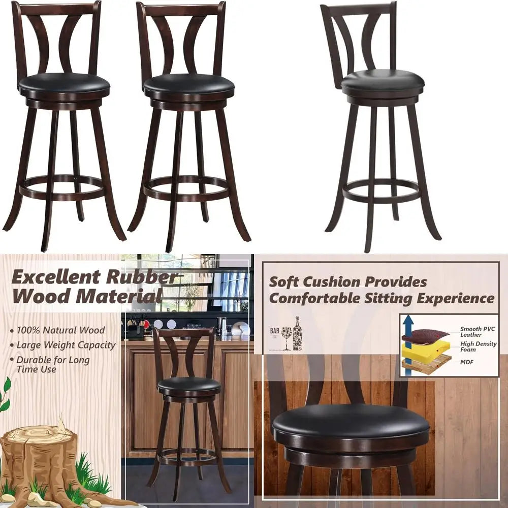 Set of 2 Swivel Bar Stools with Leather Seats, Single Slat Back, Solid Rubber Wood Legs