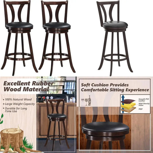 Set of 2 Swivel Bar Stools with Leather Seats, Single Slat Back, Solid Rubber Wood Legs