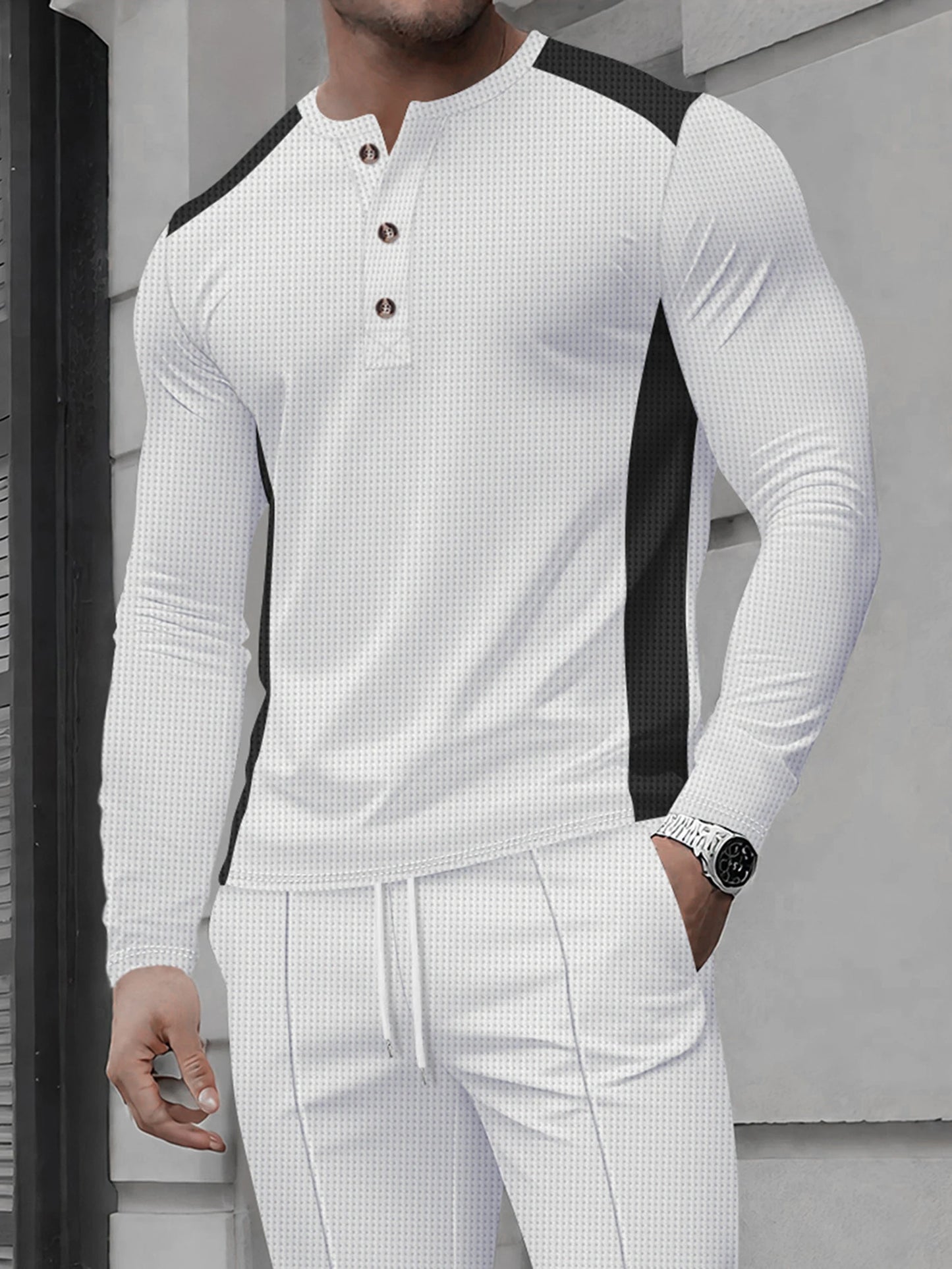 Men s Casual  Fit Long Sleeve Henley T-Shirt Button Up Contrast Color Tops Spring Autumn Fashion Pullover Shirt