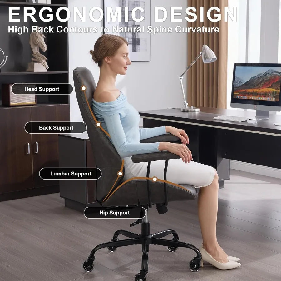 Home Office Desk Chair Ergonomic High Back Leather Computer Chair with Lumbar Support Adjustable Height Recline Swivel Executiv
