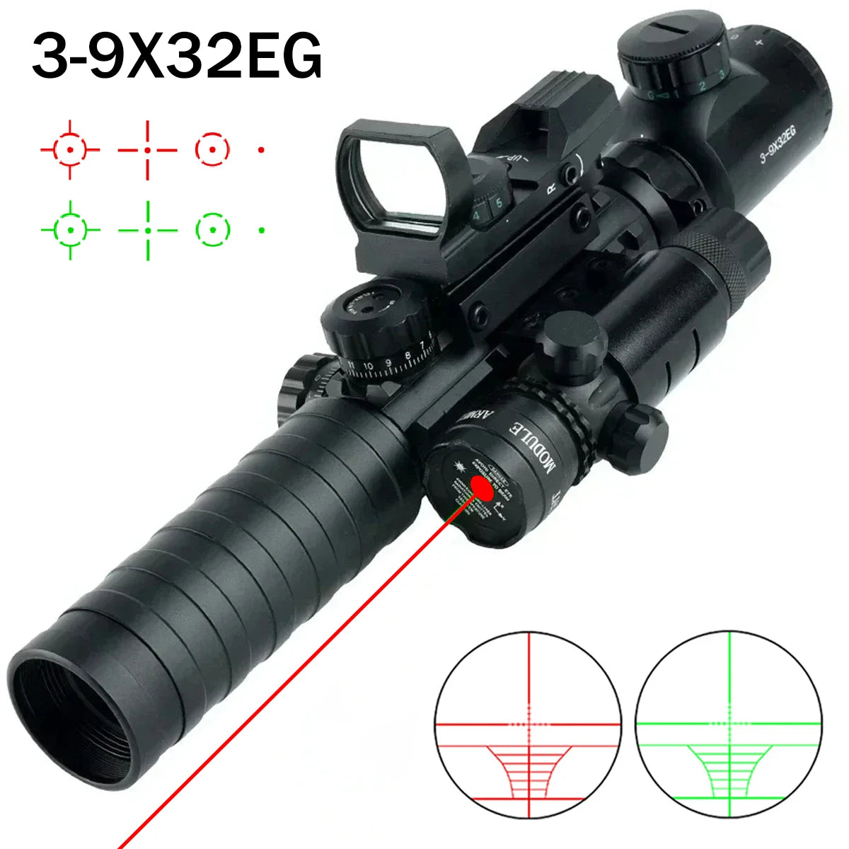 Tactical 3-9X32EG Riflescope Laser Red Dot 3 in 1 Combo Optic Sight Red Green Illuminated Reflex 4 Reticle Hunting Scope