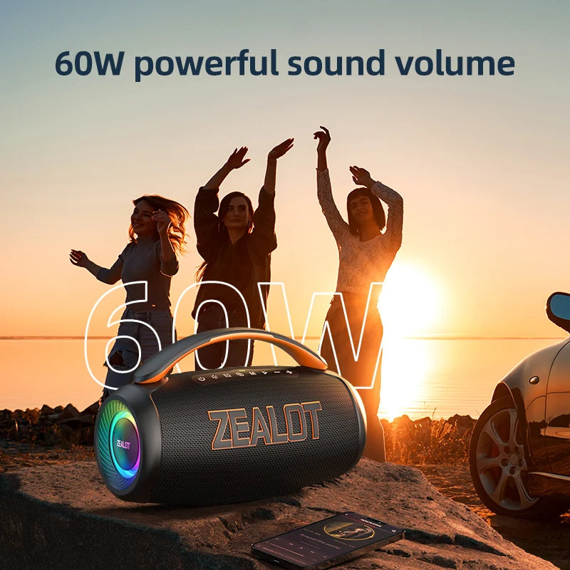 Zealot P12 Speaker 60W Portable Bluetooth Speaker with IPX6 Waterproof, Comfortable handle,Controllable lighting,TWS,AUX