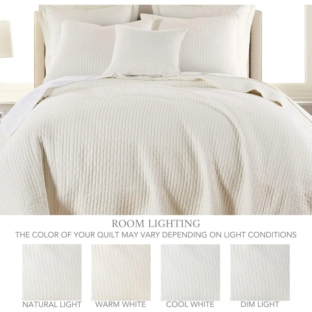 Cotton Cross Stitch Quilt Set - King Size (106x92 inches) with 2 Pillow Shams (36x20 inches) - Cream