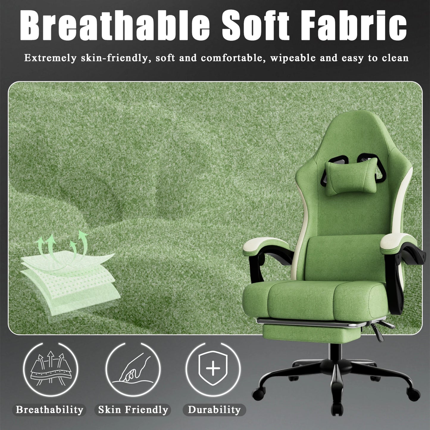 Ergonomic Gaming Chair with Pocketed Spring Cushion, Breathable Fabric Computer Chair with Footrest, Adjustable Lumbar Support V