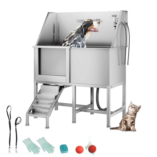 Pet Dog Bathing Station, Stainless Steel Dog Bathtub W/Ramp, Floor Grate, Dog Bath Brush, Washing Gloves for Home, Dog Washing
