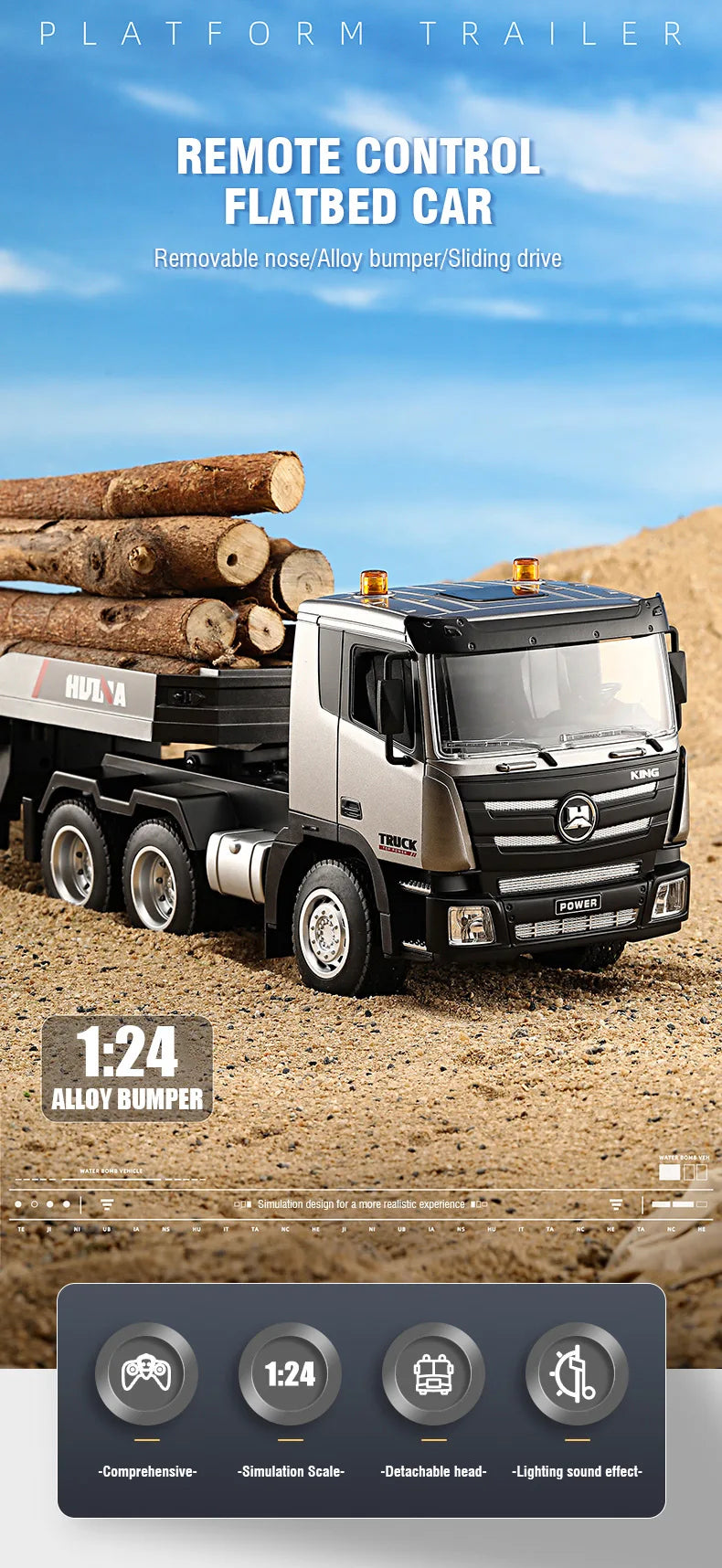 Huina 1318 Rc Truck Remote Control Alloy 1/18 9Ch 2.4G Transport Truck Model Electric Toy with Flatbed Trailer for Kids Boy Gift